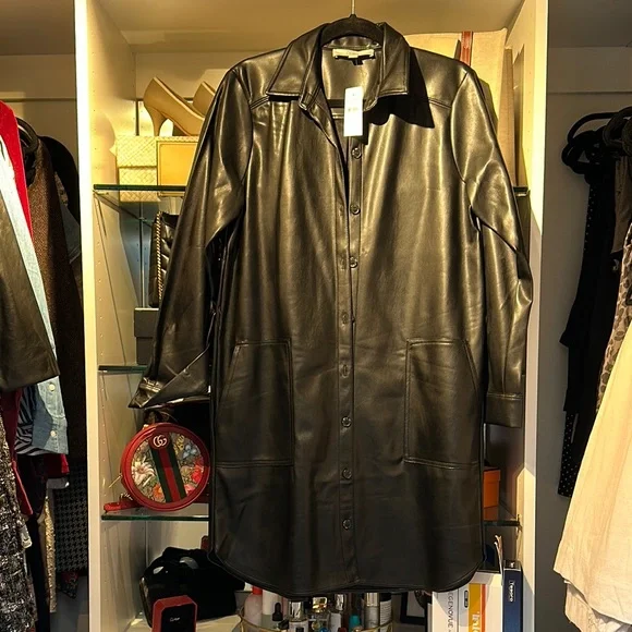 Black Leather (faux) Button-Up Coat Dress! - Picture 1 of 1